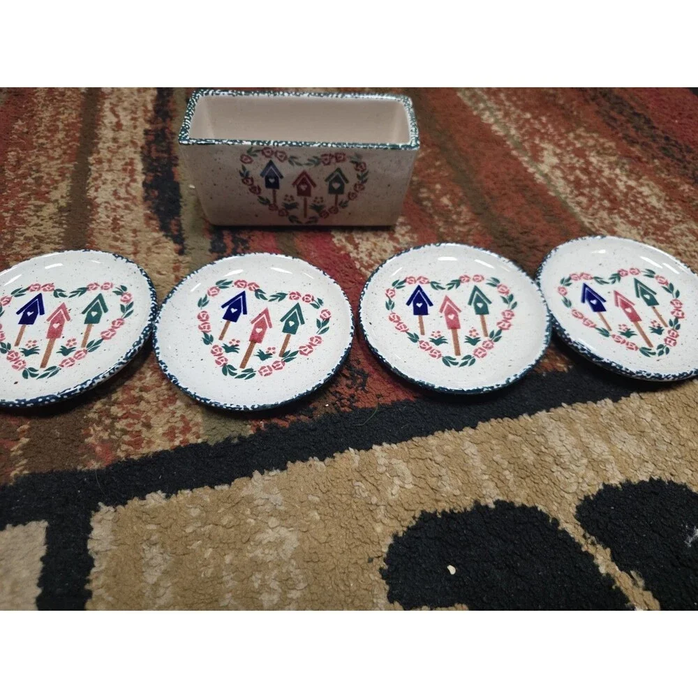 Vintage Set (4) Ceramic Stoneware Coasters w/Holder~FARMHOUSE~Country Style